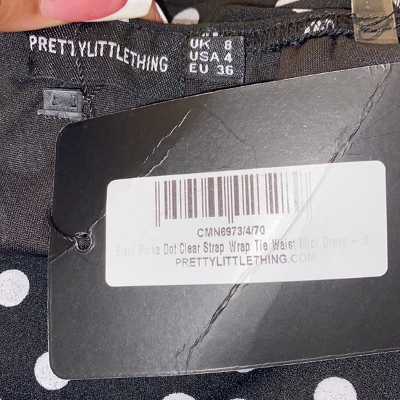 Black Polka Dot Clear Strap Wrap Waist Midi Dress - Picture 3 of 3